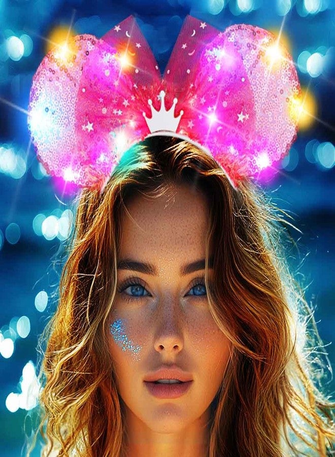 Unicra Light Up Headband Mouse Ears Headbands Bow Hair Accessories for Women and Girls (Pink Sequin Ears - Tiara) - Image 2